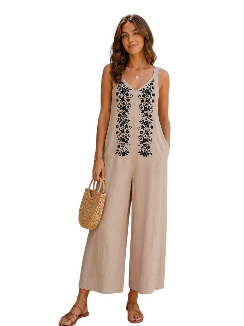 4SI3NNA Embroidered Linen Blend Jumpsuit Small Boho Wide Leg Resort Beige